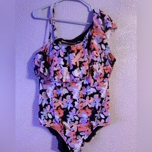 Time and Tru Floral Swimsuit - Black, Pink, Orange, Purple